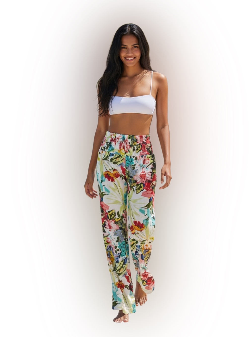 Floral Tropical Beach Palazzo Pants | Wide Leg Smocked Waist | Size Medium | EUC